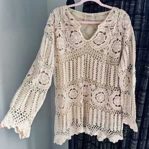 Vintage Roman’s Cream Crochet Bohemian Long Tunic Top Longsleeve Cotton Blend 1X